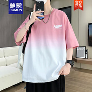 羅蒙（ROMON）青少年冰絲短袖t恤男孩夏季帥氣時髦初高中學(xué)生大童短褲套裝潮流 8812粉色  L 【建議100-130斤】