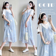 哆韻魅時(shí)尚孕婦夏裝新款韓版T恤拼接雪紡刺繡假兩件修身顯瘦甜美連衣裙 藍色花朵刺繡(優(yōu)質(zhì)版) XL135一145斤