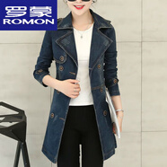 羅蒙（ROMON）牛仔外套女寬松中長(zhǎng)款2025春秋新款韓版雙排扣收腰系帶牛仔衣風(fēng)衣 圖片色 M