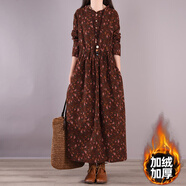 夏典素訂女王日韓原單尾貨女復古碎花亞麻長(cháng)裙寬松長(cháng)袖加絨棉麻連衣裙 咖啡色-加絨加厚少量現貨 加絨款 M 【建議85-110斤】