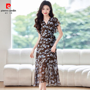皮爾卡丹（pierre cardin）優(yōu)雅氣質(zhì)V領(lǐng)印花洋裝女2025夏薄款荷葉袖收腰顯瘦女人味雪紡裙 咖底蘭花 品質(zhì)升級版 2XL