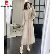 皮爾卡丹名媛小香風(fēng)套裝短外套網(wǎng)紗百褶吊帶裙兩件套女秋冬溫柔風(fēng)開(kāi)衫紗裙 杏色 套裝 L