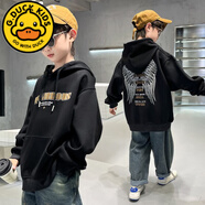 G.DUCKKIDS男童連帽衛(wèi)衣春秋款2025新款中大童洋氣男孩秋季兒童炸街上衣潮酷 黑色 6-7歲 cm 【無帽繩】 130