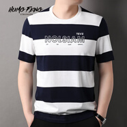 悍風(fēng)（HUMGFENG）品牌黑白色條紋短袖T恤男士夏季圓領(lǐng)t恤時尚刺繡半截袖體恤皮草 藏青 M