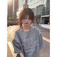 純棉美式復(fù)古珍珠字母短袖t恤女夏季2025新款潮流寬松慵懶風(fēng)上衣 灰色 M