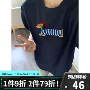 牧唯可愛風(fēng)短袖t恤男夏季新款品質(zhì)三本針休閑寬松情侶純棉潮百搭體恤 藏青色 M [建議90-110斤]