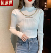 恒源祥半高領鏤空羊毛衫女毛衣泡泡袖秋冬新款時尚百搭針織衫長袖上衣 白色 -旗艦款 2XL 建議125-135斤