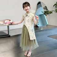 芭梵鼠女童漢服套裝裙夏裝兒童新中式小女孩唐裝旗袍裙大童兩件套公主裙 童裝燕尾套裝裙 120