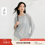 茵曼（INMAN）萊賽爾法式條紋開叉T恤2025夏季女裝新款圓領(lǐng)寬松長袖上衣 灰白條 XL