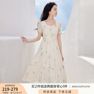 香影襯衫女短袖2025夏裝新款正肩圓領杏色甜美風襯衣刺繡碎花上衣 杏色連衣裙 L85S053 M 160/84A/95-110斤