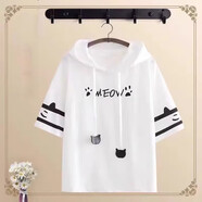林中尋連帽短袖T恤森女夏裝原宿風(fēng)貓爪刺繡學(xué)生少女軟萌妹打底衫t恤 白色 2XL