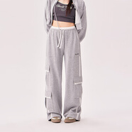 CHUU松緊腰抽繩休閑褲女2025年秋季新品設計感多口袋蕾絲拼接長(cháng)褲 淺花灰 S