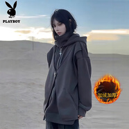 花花公子（PLAYBOY）假兩件蝙蝠連帽衛(wèi)衣男款秋冬美式高街廓形開衫拼接立領(lǐng)情侶外套女 深灰色 加絨 M 95至115斤可穿