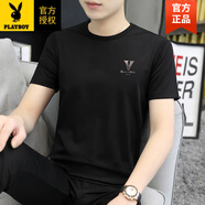 花花公子（PLAYBOY）品牌高品質(zhì)冰絲短袖t恤男夏季2025新款潮流印花薄款半袖體恤上衣 黑色3D立體V標(biāo) S 建議【80-95斤】