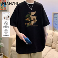 棉致t恤男港風(fēng)ins潮流寬松短袖百搭純棉落肩情侶上衣 黑色 XL