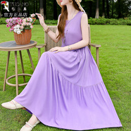 啄木鳥復(fù)古油畫風(fēng)印花棉綢連衣裙女2025夏感寬松顯瘦飄逸無袖背心裙 香芋紫 3XL 建議125-140斤