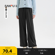 三福休閑褲2024冬季松緊腰頭寬松直筒皮褲長褲褲子女裝494327 黑色 S