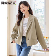 品彩（PinCai）短外套女簡約休閑西裝外套氣質(zhì)通勤翻領(lǐng)長袖短款風(fēng)衣外套P51D017
