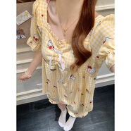 西忘睡衣女款夏季2025新款帶胸墊棉綢短袖可愛(ài)KT貓格子甜美家居服套裝 J1041HU 格子貓咪 黃色 固定胸墊 L