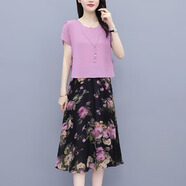 燁聆連衣裙2025新款夏洋氣減齡碎花裙大碼女裝胖mm顯瘦短袖假兩件裙子 紫色[溫柔系連衣裙] M[建議85-100斤] 均碼