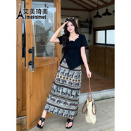 艾美琦美（AIMEIQIMEI）連衣裙大碼休閑時(shí)尚女夏季短袖T恤上衣胖MM顯瘦半身裙子兩件套裝 上衣+半身裙【一整套】 XL [建議120-140斤]