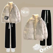 MZPLOI秋冬季穿搭一整套韓版拼接假兩件棉服女學(xué)生棉衣外套燈芯絨闊腿褲 兩件套1909#米白色棉服+黑加絨燈 L 【推薦105-120斤】