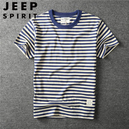 JEEP SPIRIT美式復古情侶?；晟荔w恤純棉男t短袖撞色打底衫黃色藍白條紋t恤男 寶藍色 2133 M 建議130-145斤