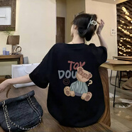 佐敘黑色純棉短袖女2025夏新款ins潮寬松半袖上衣小熊印花百搭顯瘦t恤 黑色 L （111-130斤）