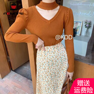 AEMAPE泡泡袖打底衫女裝掛脖毛衣女2025春秋冬季時(shí)尚針織衫女心機(jī) 焦糖色 S _80-100斤