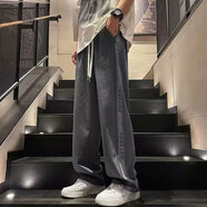 威覺美式褲子男秋冬季裝學(xué)生休閑褲直筒運動衛(wèi)褲寬松闊腿褲條紋長褲 深灰色-長隆Q18 L
