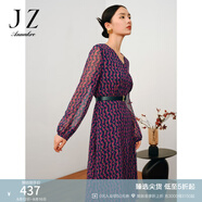玖姿·安娜蔻V領輕熟波普風X型雪紡印花長款連衣裙女秋款 花紫紅 L