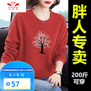 梵奧格（FANAOGE）春秋圓領(lǐng)衛(wèi)衣女加肥加大碼女裝寬松中年媽媽洋氣減齡顯瘦上衣 紅色[大樹] 4XL_180-200斤