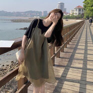 胖MM特大碼法式紗裙連衣裙女夏季氣質(zhì)顯瘦小個(gè)子拼接假兩件吊帶裙 圖片款假兩件連衣裙 M   建議80-100斤