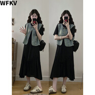 WFKV大碼女裝胖mm設(shè)計(jì)感薄款涼感牛仔馬甲顯瘦連衣裙兩件時(shí)尚套裝女 兩件套 XL 【115-130斤】