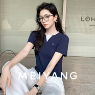 美洋（MEIYANG）高爾夫短袖T 老錢學(xué)院撞色假兩件正肩字母上衣 藏青色 L