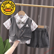 G.DUCKKIDS男童夏季套裝2025新款韓版兒童酷帥休閑中小童襯衫短袖時(shí)髦兩件套 SJ領(lǐng)結西裝套灰色 100 cm
