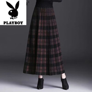 花花公子（PLAYBOY）格子針織大擺裙中長(zhǎng)款高腰a字半身裙秋冬加厚百褶裙垂墜感長(zhǎng)裙 加厚 咖色【款】 M 80-斤
