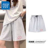 真維斯（Jeanswest）運動(dòng)短褲女可外穿夏季2025年新款純棉休閑穿搭中褲女裝寬松五分褲 麻灰 愛(ài)心線(xiàn)粉_K_前左下 L