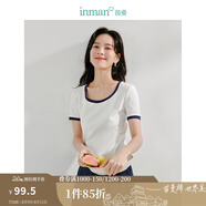 茵曼（INMAN）撞色羅紋棉女裝U領短袖T恤修身氣質休閑通勤2025夏季新款短款上衣 牙白色-新 S
