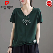 皮爾卡丹（pierre cardin）棉V領(lǐng)短袖體恤衫純棉夏季大尺碼雞心領(lǐng)上衣女文藝寬松印花t恤女 非常透氣墨綠【白-相連LOVE】 XL 建議110-130斤