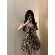 茯見(jiàn)溫柔風(fēng)水墨碎花吊帶連衣裙子女收腰氣質(zhì)性感純欲辣妹a字短裙夏季 M