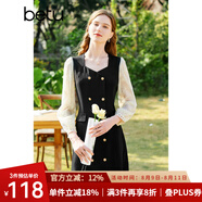 百圖betu女裝春夏新款連衣裙方領(lǐng)雙層蕾絲長(zhǎng)袖連衣裙女2302T73 黑色 S
