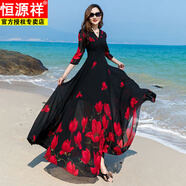 恒源祥2025夏季新款韓版v領(lǐng)印花雪紡連衣裙女收腰氣質(zhì)大擺顯瘦沙灘長裙 圖片色 4XL