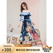 兩三事暮色詩(shī)行 2025夏季新款復(fù)古一字肩露肩條紋印花泡泡袖連衣裙 藍(lán)色-y M