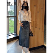 蔓爾依連衣裙女裝夏季2025新款夏裝一整套穿搭輕熟衣服套裝襯衫牛仔裙子 條紋襯衫+牛仔半身裙 XL