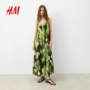 H&M春季女裝時(shí)尚休閑系帶連衣長(cháng)裙1290424 綠色/圖案 XXS 150/76