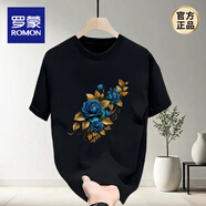羅蒙（ROMON）男士重磅純棉短袖T恤夏季新款網(wǎng)紅國潮風(fēng)印花寬松百搭圓領(lǐng)上衣潮 黑色【前中圖K8078 大圖-藍(lán)金花 M 建議100-120斤
