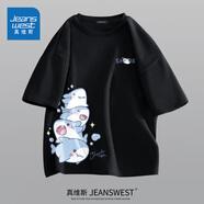 真維斯純棉短袖男夏季潮牌休閑百搭T恤衫青少年學(xué)生胖子半袖寬松上衣服 黑色(星星鯊胸標(biāo)_大右下標(biāo)) S (體重85-100斤左右)