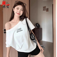甜米寶一字肩斜肩短袖T恤女夏季小眾別致寬松顯瘦露肩辣妹半袖上衣學(xué)生 白色(寵物) M 100-110斤