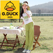 G.DUCKKIDS女童夏裝套裝2024新款女大童裝夏季洋氣運動闊腿褲女孩短袖兩件套 綠色 160